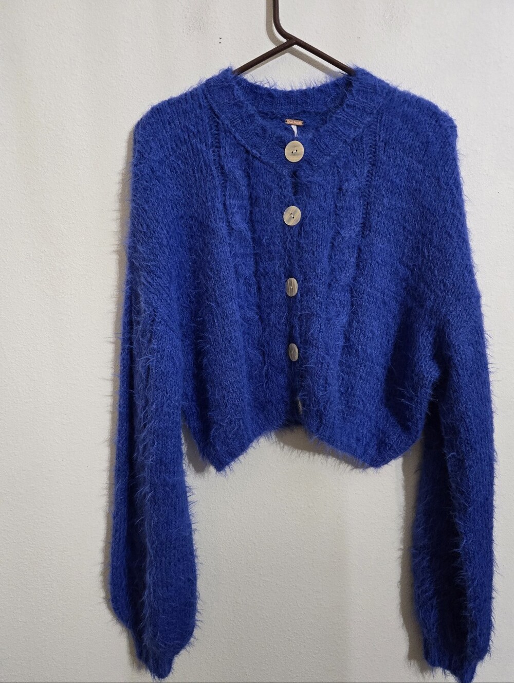 Free People Electric Blue Fuzzy Cropped Button Cardigan